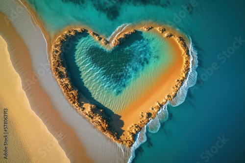 Love nature concept with heart shaped tropical lagoon. Created with Generative AI technology.