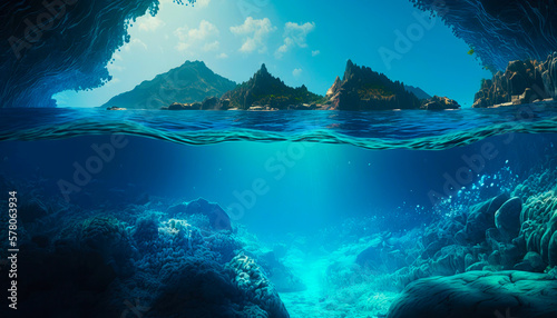 Tropical sea in a section underwater. Created with Generative AI technology.