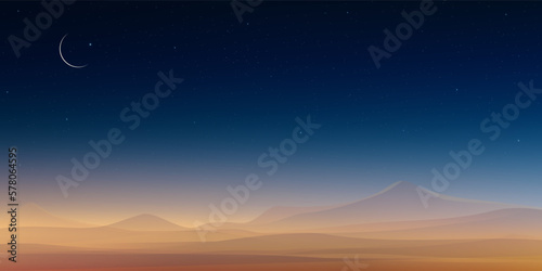 Islamic background,Ramadan Kareem card design with Crescent moon and Star on Sunset Sky,Vector horizon banner Religions symbolic of Muslim for Eid Mubarak, Eid al adha, Eid al fitr, Islamic New Year