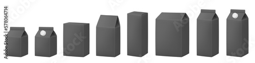 Black boxes for dairy products. Blank cardboard package boxes mockup. Box set. Set of juice or milk cardboard package. Vector mockup set. Realistic carton package with cap.