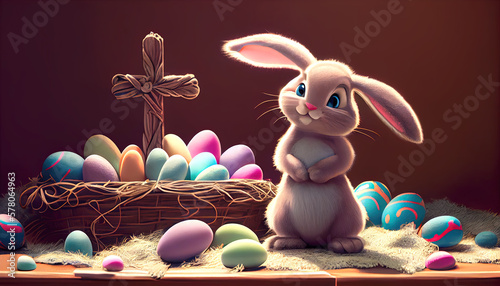 cute bunny praying with several easter eggs in a basket and a cross, easter celebration, landscape style, chocolate eggs. Generative ai
