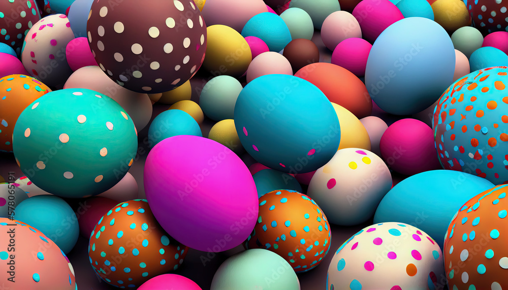 Colorful easter eggs collection background, easter celebration, landscape style, top view. Generative ai.