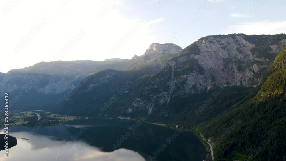 Top view of Hallstattersee lake and mountain in sunset, stock video of Austria nature Top view of Hallstattersee lake and mountain in sunset, stock video of Austria nature