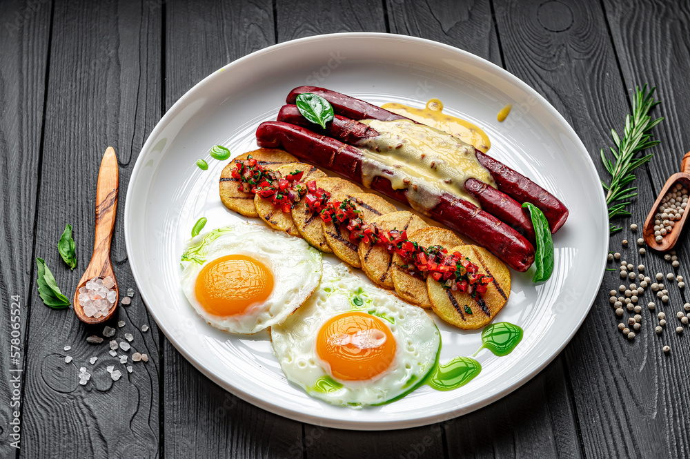 Breakfast with sausages, eggs and potatoes with vegetable salsa and Golan sauce Breakfast with sausages, eggs and potatoes with vegetable salsa and Golan sauce