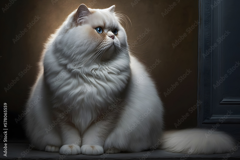 Portrait white fat cat sitting photography made with Generative AI	
