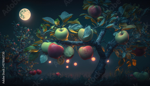 Apple tree with apples against full moon created with generative AI technology