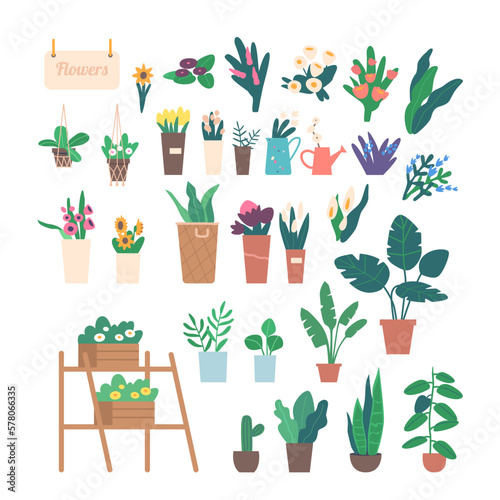 Set of Beautiful Flower Bouquets Icons, Blossom Presents and Gifts, Florist Design in Baskets Vector Illustration