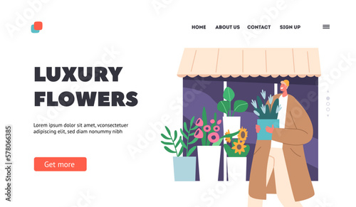 Luxury Flowers Landing Page Template. Man Bought Bouquet in Street Store. Young Male Character Stand near Floristic Shop