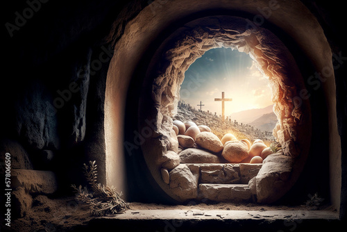 empty tomb of Jesus Christ at sunrise resurrection photo