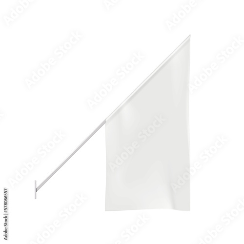 Blank flag on wall mounted angled flagpole isolated on white background realistic vector mock-up. Hanging banner on metal pole mockup. Template for design