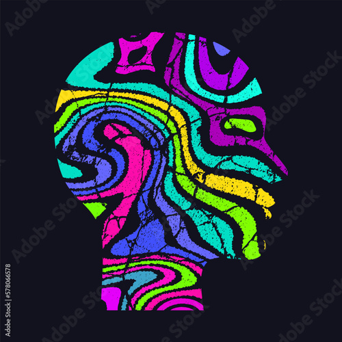 Woman profile. Silhouette of head with neon abstract psychedelic pattern.