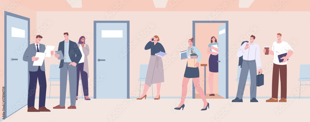 Office life, people in business center. Managers drink coffee, discuss the project, talk phone and waiting. New employee with box and things, cartoon vector scene