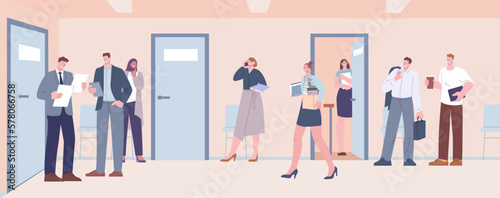 Office life, people in business center. Managers drink coffee, discuss the project, talk phone and waiting. New employee with box and things, cartoon vector scene
