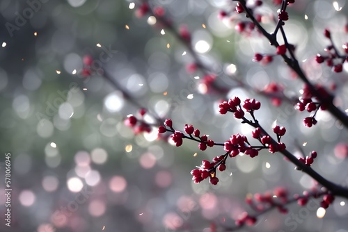 spring pink flowers on tree branches, spring blossom wallpaper, bokeh blurry background, Generative AI