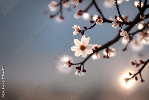 spring pink flowers on tree branches, spring blossom wallpaper, bokeh blurry background, Generative AI