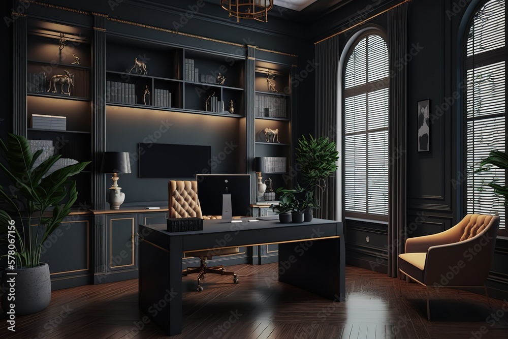 Elegant, Contemporary And Furnished Workroom. Illuminated Business Office With Modern Decoration. Template For Architecture, Interior Design And Luxury, AI generated Elegant, Contemporary And Furnished Workroom. Illuminated Business Office With Modern Decoration. Template For Architecture, Interior Design And Luxury, AI generated