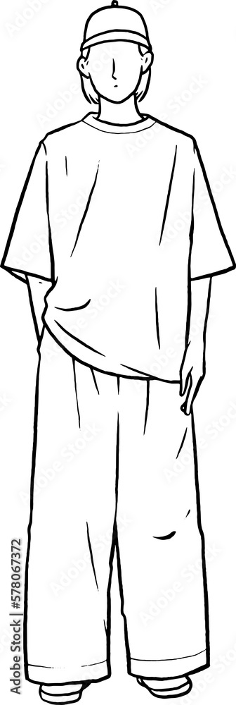 Man standing with his hands in his pants pocket line vector drawing. Minimalistic contour illustration. Man standing with his hands in his pants pocket line vector drawing. Minimalistic contour illustration.