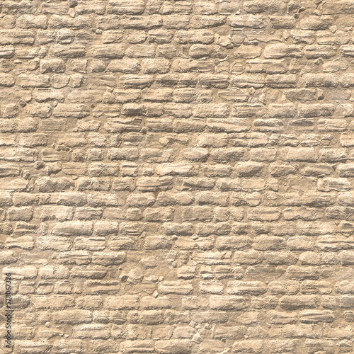 Desert limestone brick wall, old uneven yellow brick wall, background texture. 3D-rendering