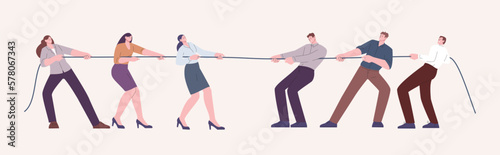 Man vs woman concept. Pulling rope female and male business team. Office workers competition, feminism, gender gap and confrontation vector scene