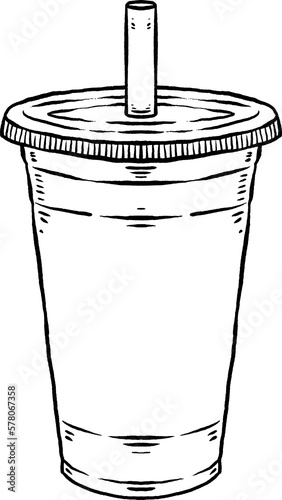 drink plastic with straw Line art illustration for gift card certificate banner sticker, badge sign, stamp, logo, icon label.