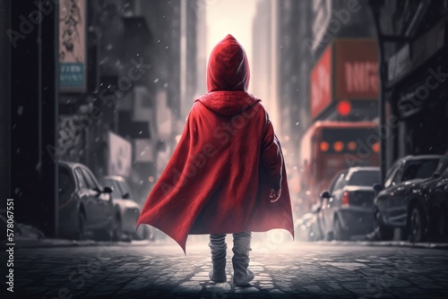Child superhero walking alone in city. Child superhero portrait (Generative AI)