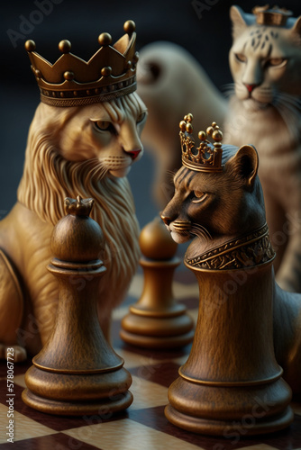 The Royal Cat King chess pieces on a chess board, winner of bussiness and successfully, management or leadership strategy and teamwork concept., design created with Generative Ai