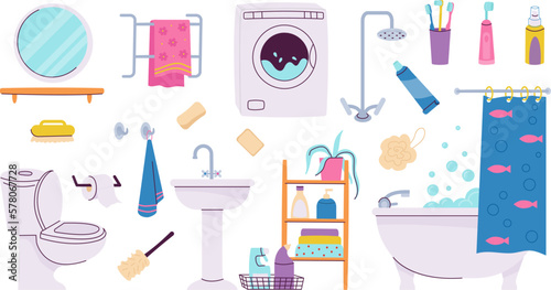 Bathroom flat interior elements, home closet and soap, cartoon toilet room clipart. Washroom or laundry decorations, shower and bath decent vector set