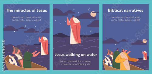 Biblical Banners with Jesus Walking On Water Surrounded By Turbulent Waves And With His Disciples In Boat