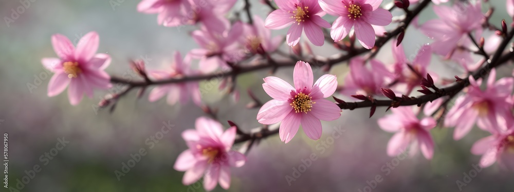 Obraz premium spring pink flowers on tree branches, blossom banner size wallpaper, bokeh blurry background, Generative AI