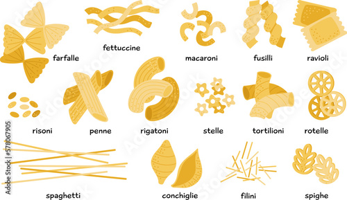 Italian pasta types set. Different macaroni, noodle and farfalle, spaghetti and penne. Tasty kitchen of italy, cartoon raw food ingredients decent vector collection