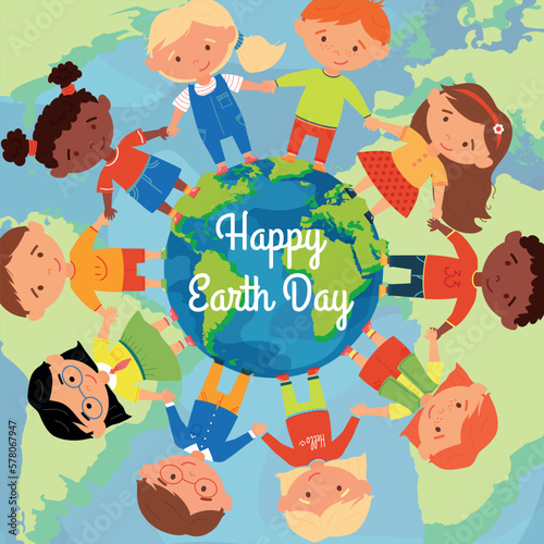 Earth Day greetings. Vector planet Earth surrounded by different children holding hands and the inscription "Happy Earth Day". Nature conservation concept. Design for social media, banners, posters an