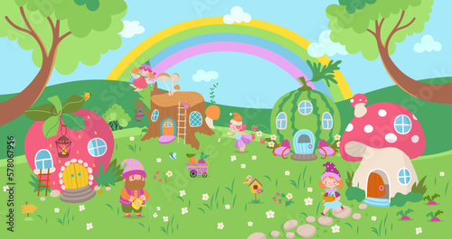 Garden gnome village in forest, woodland fairy lady and dwarf on meadow. Fantasy houses and rainbow, cartoon magic tale nowaday vector scene