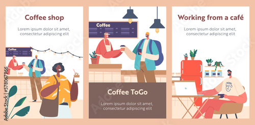 Cartoon Banners with People Sitting Inside A Bustling Coffee Shop, Sipping Coffee, Work on Laptops, And Chatting