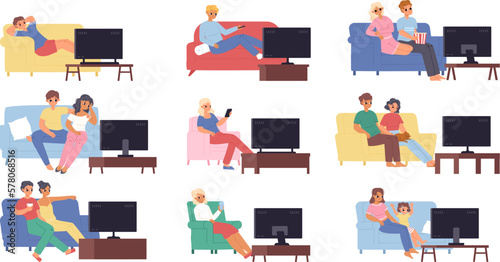 People watching tv on comfort sofa and chair. Cozy family evening, single young adults weekend. Show watch, teenagers on couch eat and rest snugly vector set