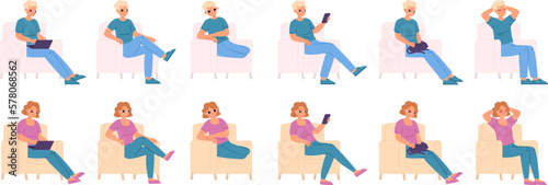 Boy and girl sitting in chair various poses. Teenagers dream, sleep and rest, using smartphone or working laptop. People relax at home snugly vector set