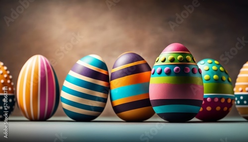Colorful Patterned Easter Eggs on Table. Generative AI