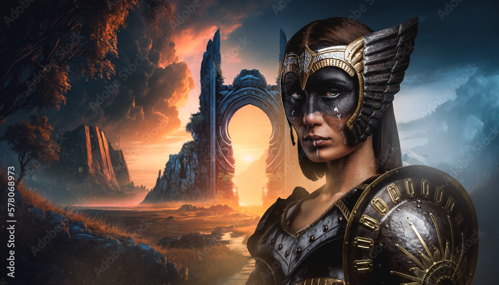 Naklejka premium Portrait of female warrior from north with makeup dressed in dark armor.