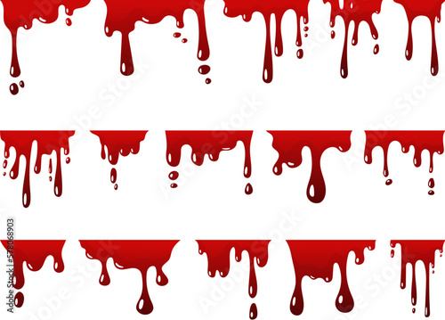 Red dripping blood. Flowing paint, splatter and trickle liquid elements. Ink drops, scary halloween flows borders. Cartoon neoteric stains vector set