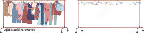 Clothes on racks. Shop cloth hanger empty and with sweater, dress, jeans and jacket. Wardrobe element, female fashion store or shop, kicky vector graphic