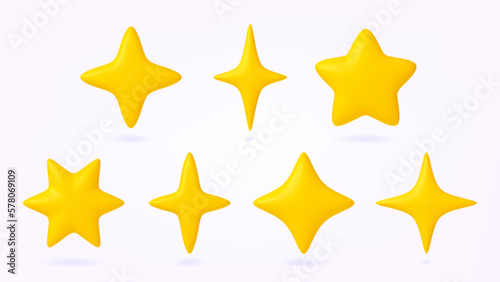 Yellow stars 3d icons  business star achiever symbol. Mobile service review feedback elements. Rendering high quality  rating  premium and win pithy vector set