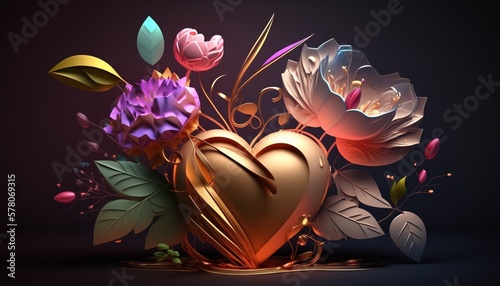 Stunning and Beautifully 3D Rendered Artwork of Metal heart and in flowers Generative AI