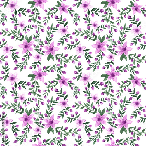 Floral hand drawn watercolor seamless endless pattern with lots of beautiful pink colored flowers with green leaves and buds as aquarelle element for print fabric  cards  textile.Isolated