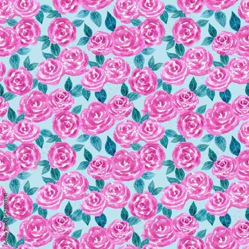 Hand drawn watercolor flowers summer seamless pattern. A lot of aquarelle pink roses and green leaves on black background as web design element for print wrapping paper  fabric  cards