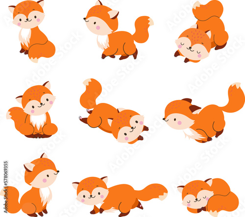 Cartoon wildlife fox. Red foxes jump, sleep and run. Cute forest mascot, funny children animal characters design. Nowaday vector flat clipart © MicroOne