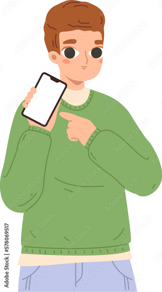 Man showing screen cellphone. Smart person point on phone. Cartoon boy holding smartphone, marketing, information, payment snugly vector characters
