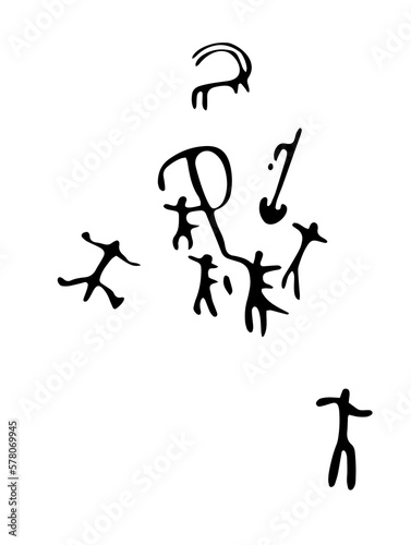 Rock petroglyphs depicting people  hunting animals. Vector illustration of prehistoric rock petroglyphs discovered on the territory of Armenia	