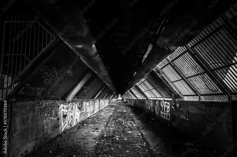 old abandoned tunnel in black and white