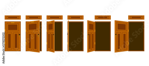 Animation door sequence office steps open close action concept. Vector graphic design element illustration