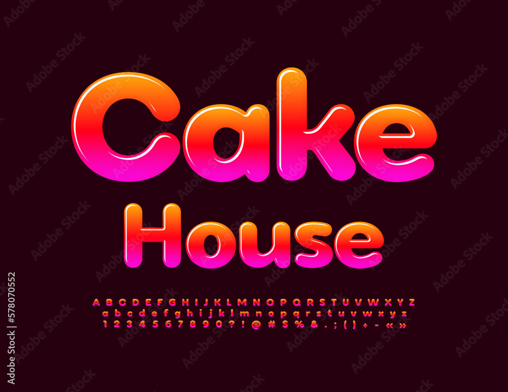 Vector artistic Emblem Cake House.  Sweet Glossy Font. Creative Alphabet Letters and Numbers set