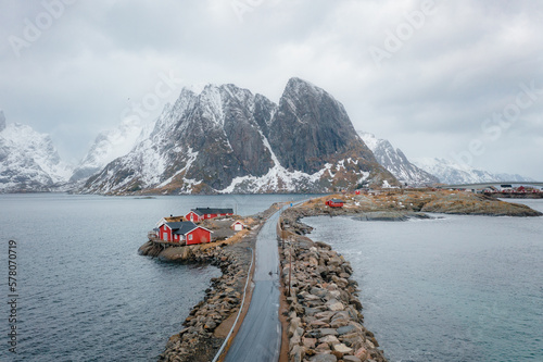 View of the road in Lofoten in Norway. Beautiful landscape of a Norwegian fjord (ID: 578070719)